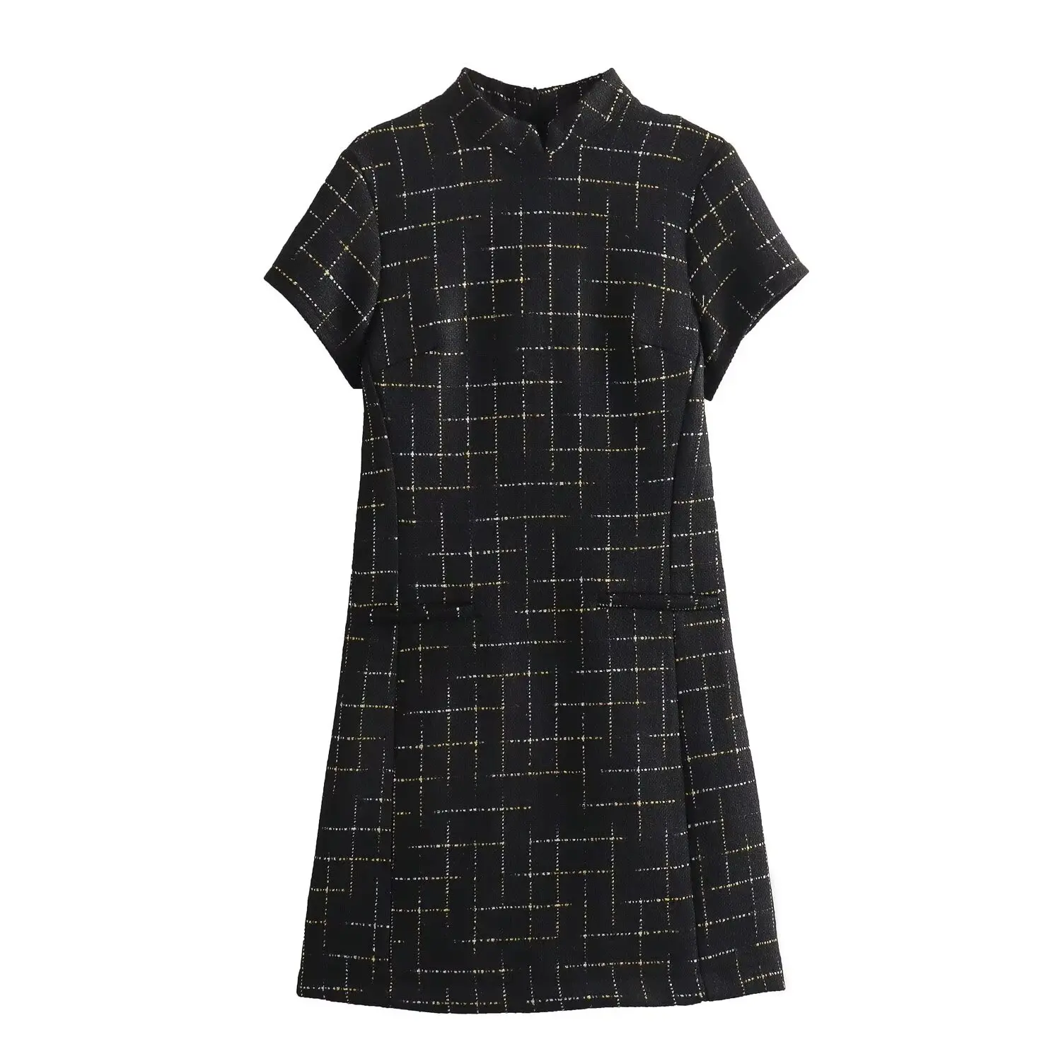 

Women New Chic Fashion Cheongsam style Slim Checkered Mini Dress Vintage Short Sleeve Back Zipper Female Dresses robe Mujer