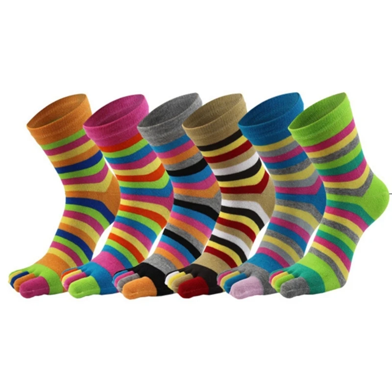 

6 пар женских хлопковых носков до щиколотки с пятью пальцами, радужные цветные полосатые дышащие повседневные носки с принтом, с