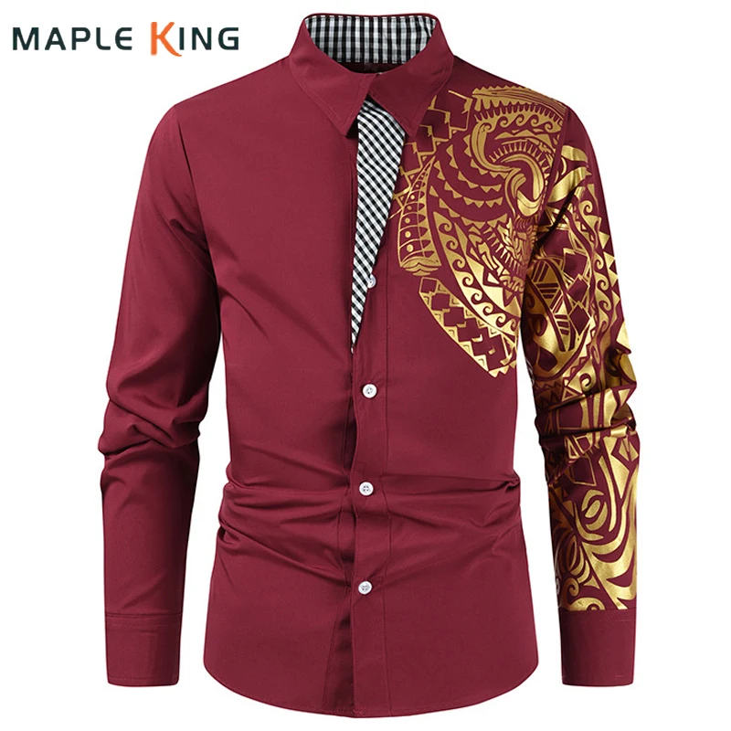 

Gold Bronzing Print Designer Clothes Men Oversized Shirts Vinatge Totem Patchwork Blusas Estampadas Mens Business Shirt Chemise