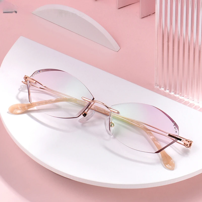 Crystal Designer Eyeglasses Women Rimless Glasses Frame Gradient Pink Lenses Female Myopia Prescription Reading Spectacles
Crystal Designer Eyeglasses Women Rimless Glasses Frame Gradient Pink Lenses Female Myopia Prescription Reading Spectacles