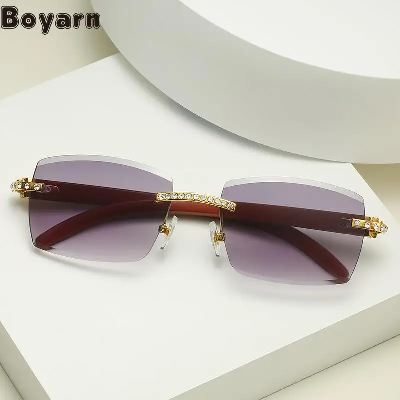 

Boyarn Diamond Inlaid Punk Fashion Wood Grain Glasses 2022 Trendsetter Men's Frameless Be Sunglasses Sun Glasses