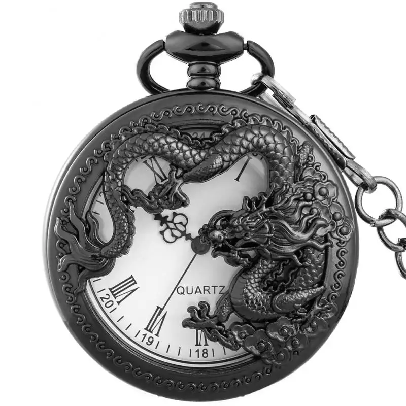 

Steampunk Watch Black Chinese Quartz Analog Dragon Vintage Pocket Watch Roman Digital Dial Necklace watch fobs and chains