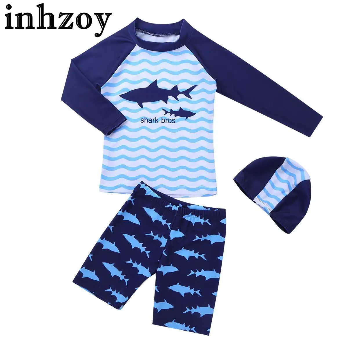 

Kids Boys 3Pcs Surfing Suit Tankini Swimwear Long Sleeve Shark Cartoon Pattern Tops with Shorts Swimming Cap Set Rash Guards