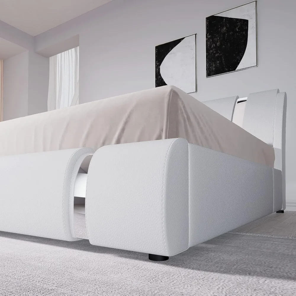 Allewie Queen Size Platform Bed Frame with Iron Piece Decor, Faux Leather Upholstered Bed with Curved Adjustable Headboard, Wood Allewie Queen Size Platform Bed Frame with Iron Piece Decor, Faux Leather Upholstered Bed with Curved Adjustable Headboard, Wood