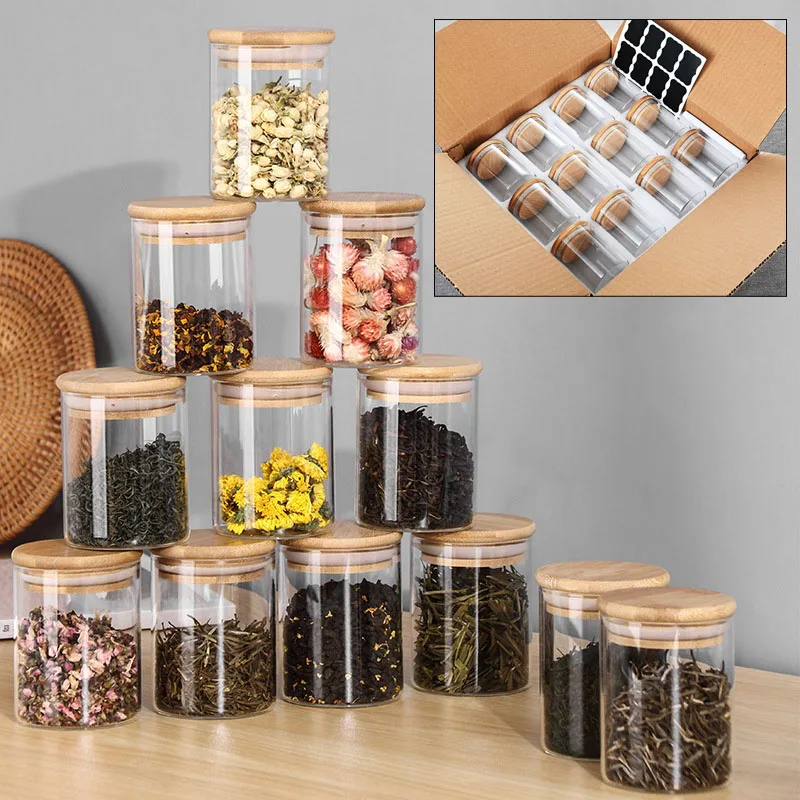 

6/12Pcs Sealed Glass Bottles Glass Spice Jars and Lids Bamboo Cover Kitchen Food Storage Containers Transparent Organizer Tanks