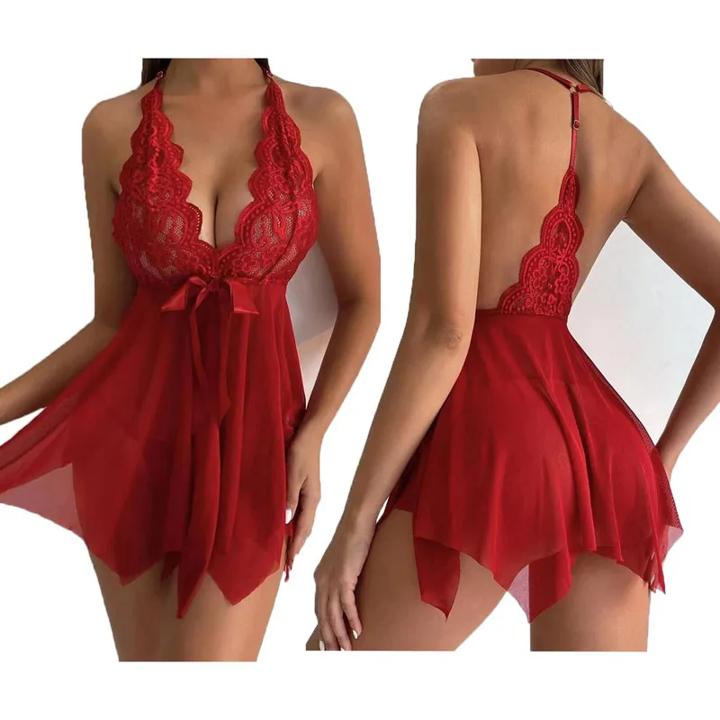 

Women's Lace Deep V Neck Hanging Strap Dress Mesh Spliced Sexy Perspective Sleeping Dress European And American Fun Underwear