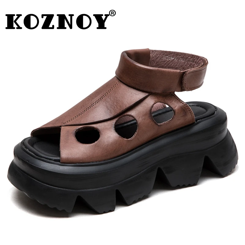 

Koznoy 6.5cm Sandals Women Moccasins Platform Wedge Loafer ROME Mary Jane British Hook Peep Toe Genuine Leather Summer Shoes