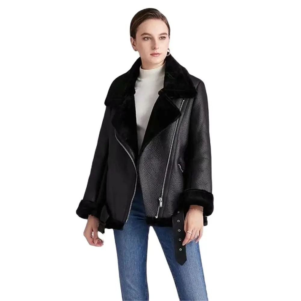 

Fur Long Sleeved Loose Belt Warm Women's Jacket Lamb Wool Winter Thickened Locomotive Lapel Female Coat Beige Black Chic PU Tops