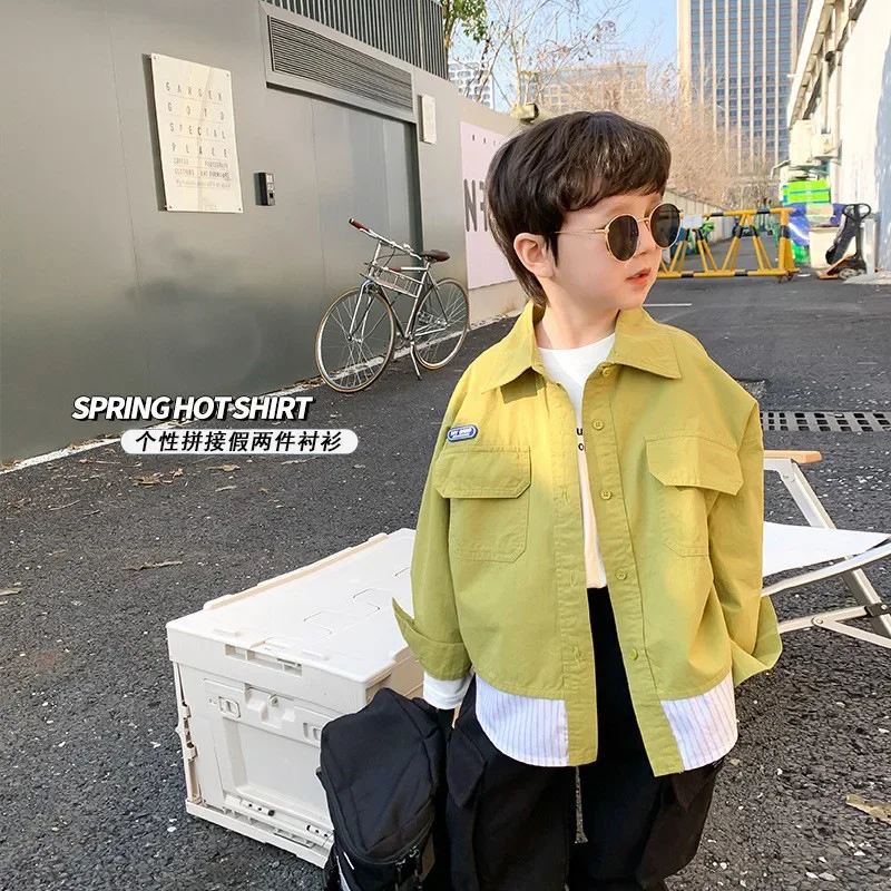 Spring boys 2023 fashion patchwork shirts Kids contrast color turn-down collar loose Tops 
Spring boys 2023 fashion patchwork shirts Kids contrast color turn-down collar loose Tops