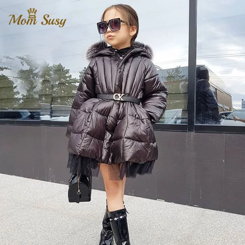 

Baby Girl Jacket Winter Long Duck Down Toddle Teens Shiny Hooded Down Jacket Gauze Child Coat Thick Baby Clothes 3-14Y
