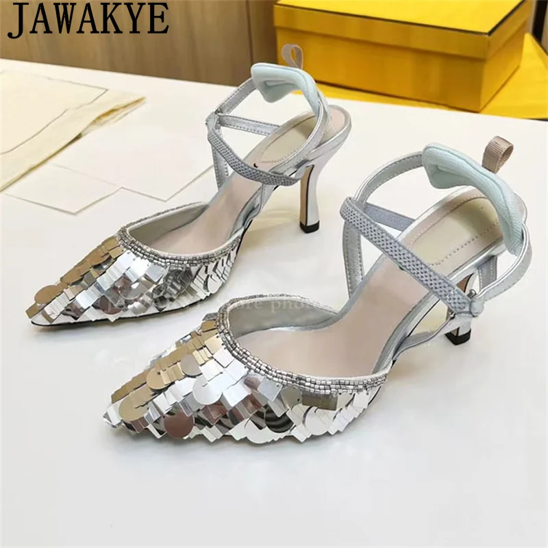 

2024 Summer Sexy Shiny Sequin High Heels Shoes Women Pointy Wrap Toe Gladiator Sandals Bling Bling Bride Dress Party Shoes Mujer