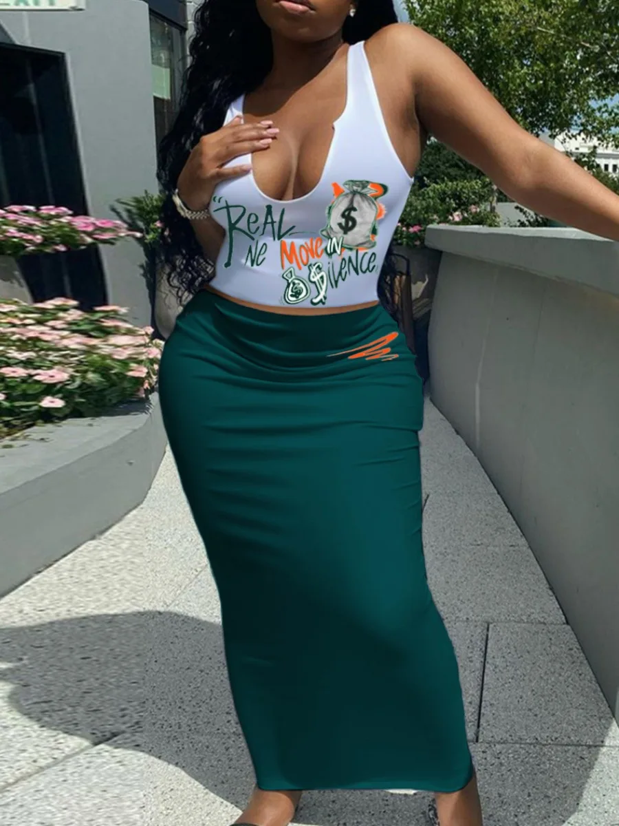 

LW Letter Graffiti Print Two Pieces Dresses Suits Sleeveless White Crop Cami Top&Long Skinny Skirt Set Women's Summer Clothings