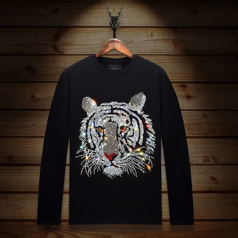 

2023 Tiger Head Rhinestones T Shirts Men Fashion Streetwear O Neck Long Sleeve Slim Modal Cotton Casual T-shirts Plus Size 6XL