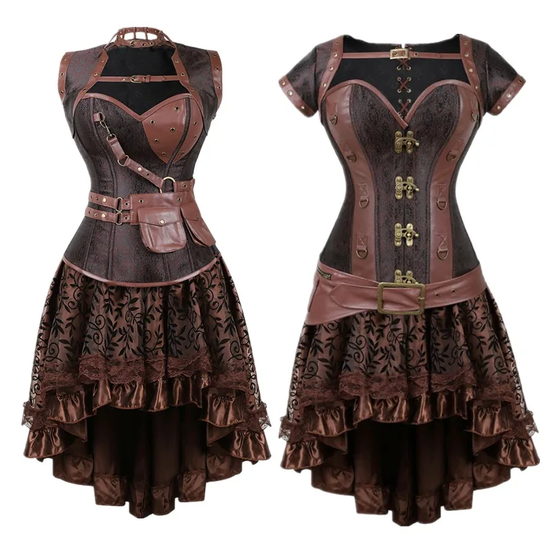 

Vintage Pirate Costume Gothic Overbust Bustier Lingerie Sexy Women's Corset Dress with Brown Asymmetrical Lace Skirt Set