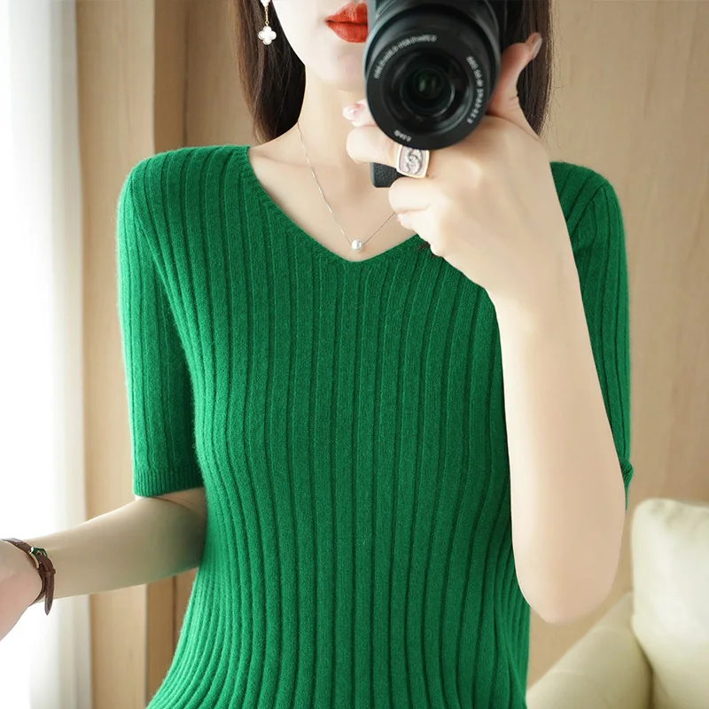 

Spring and Summer Women V-Neck Cashmere Knitted Pullovers Short Sleeve Jumper Knitwear Sweaters Solid Casual Bottom Tops