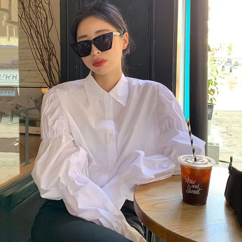 

Puff Sleeve Shirts Women Spring Casual Trendy Chic Ins Aesthetic Vintage Simple Temperament Solid Blusas Lady Turn Down Collar