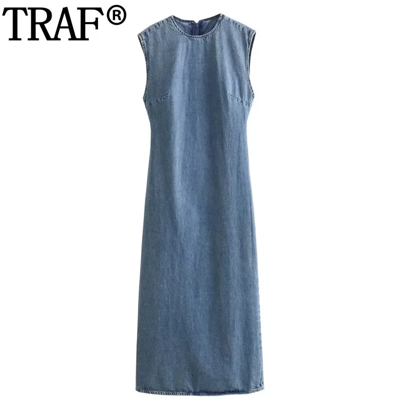 

TRAF 2024 Jeans New In Dresses Sleeveless Summer Midi Dress Woman Youth Denim Long Dresses Women Streetwear Slit Casual Dresses