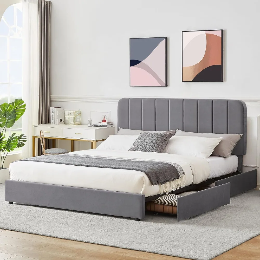 Large Upholstered Bed Frame with 4 Drawers, Velvet Platform Storage Bed Frame Mattress Base, No Box Springs Required, Dark Grey
Large Upholstered Bed Frame with 4 Drawers, Velvet Platform Storage Bed Frame Mattress Base, No Box Springs Required, Dark Grey