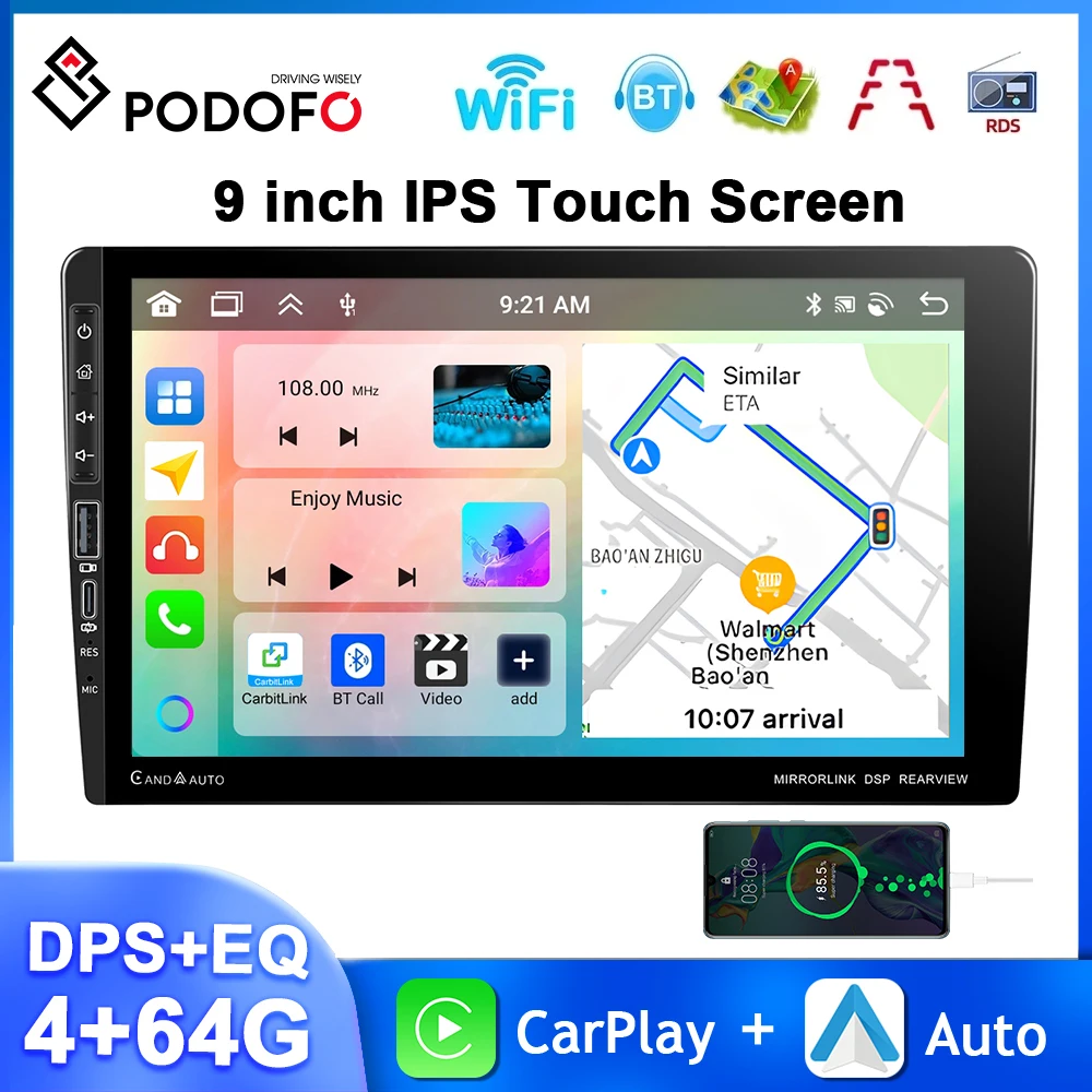 

Podofo 4+64G 2Din Car Radio 4Core Android Multimedia Player Carplay Android Auto GPS Navigation WIFI DSP FM/RDS 9'' Car Stereo