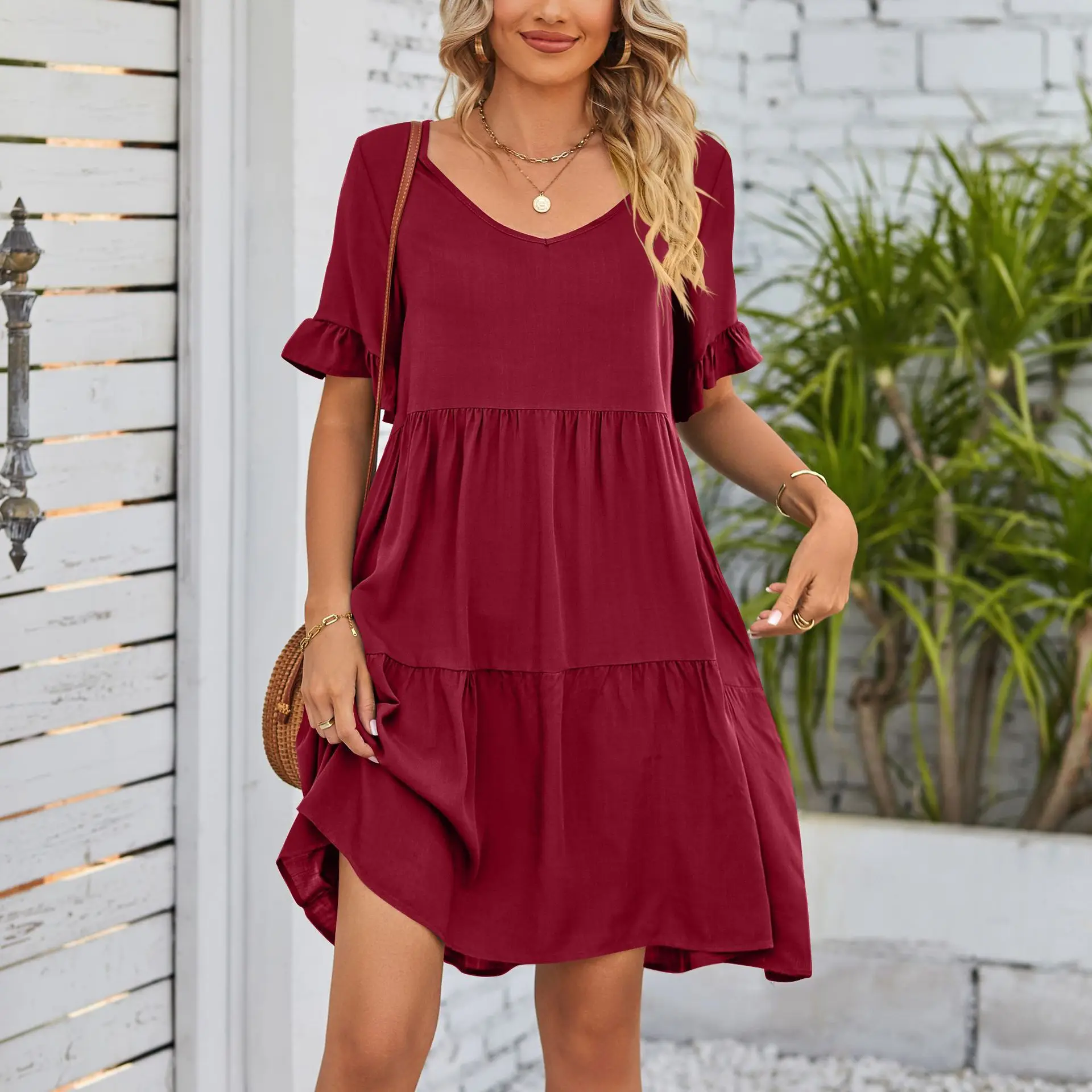

2024 New Women's Summer Casual V-neck Babydoll Three-layer Pleated Pullover Ruffle Sleeve 7-color Dress