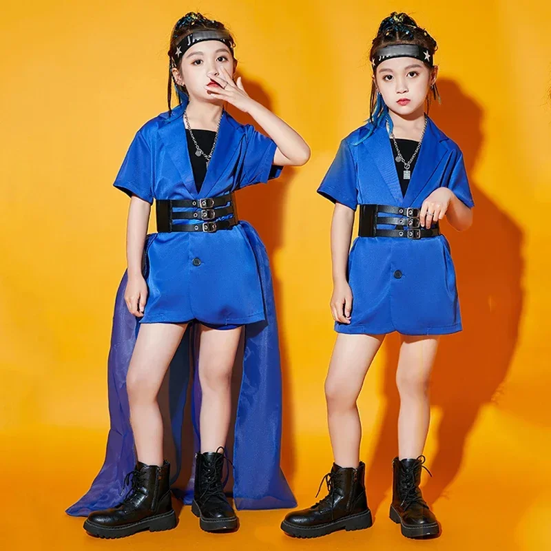 

Girls Catwalk Stage Costume Kids Jazz Dance Clothes Blue Suit Short Sleeves Performance Wear Hip Hop Kpop Concert Outfit BL8752