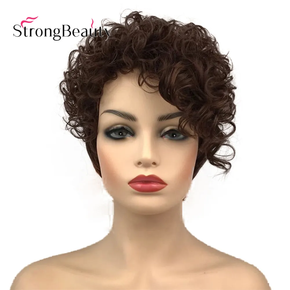 

StrongBeauty Short Curly Women's Wigs Asymmetrical Side Bang Synthetic Hair Heat Resistant Wig