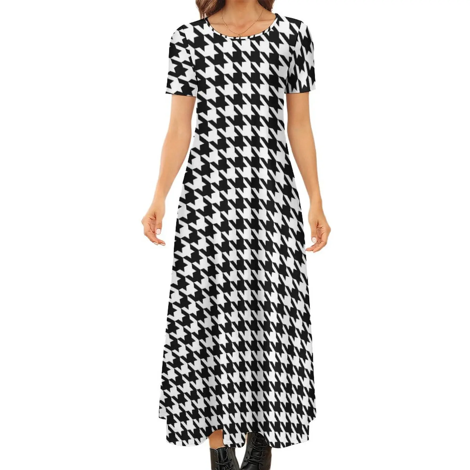

Black White Houndstooth Dress Retro Print Party Maxi Dress Short Sleeve Aesthetic Boho Beach Long Dresses Woman Oversize Clothes