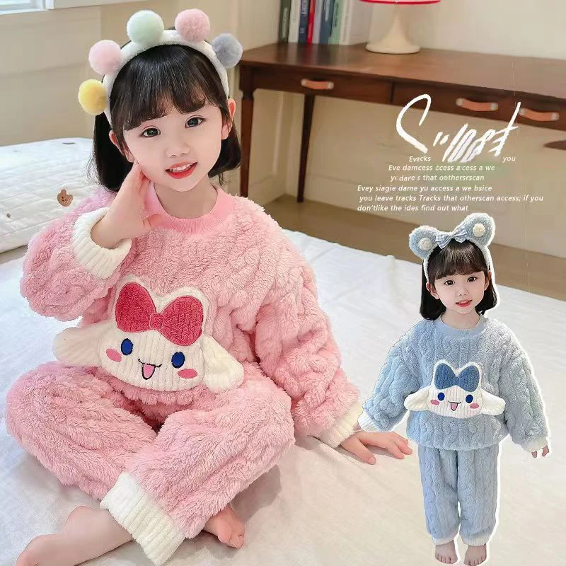 

Kawaii Sanrioed Cinnamoroll Kuromi My Melody Children's Plush Pajamas Cartoon Girls Winter Flannel Pajamas Warm Homewear Set