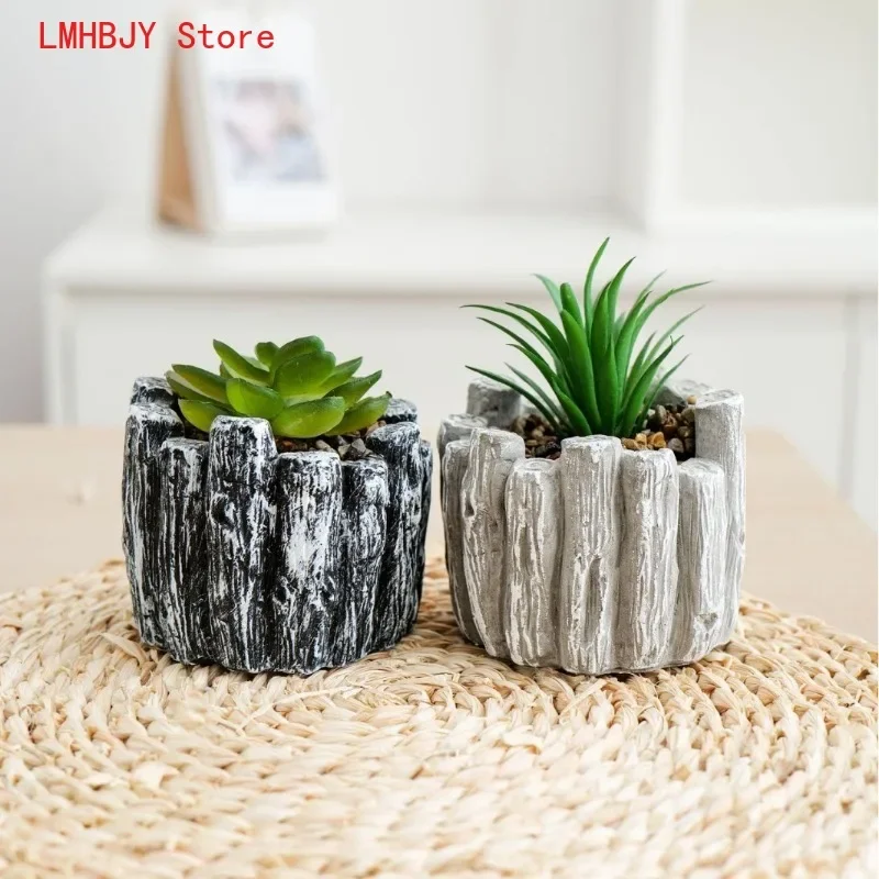 

LMHBJY Creative Countryside Vintage Imitation Wood Grain Bark Cement Flower Pot Nordic Style Garden Personalized Flower Set