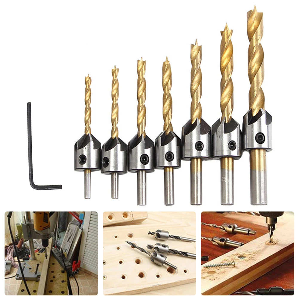 7pcs Countersunk Drill Bit 3-10mm Three Point Head W/ Key Wrench For Carpentry Woodworking Hole Punching Cutter Tool Parts
7pcs Countersunk Drill Bit 3-10mm Three Point Head W/ Key Wrench For Carpentry Woodworking Hole Punching Cutter Tool Parts