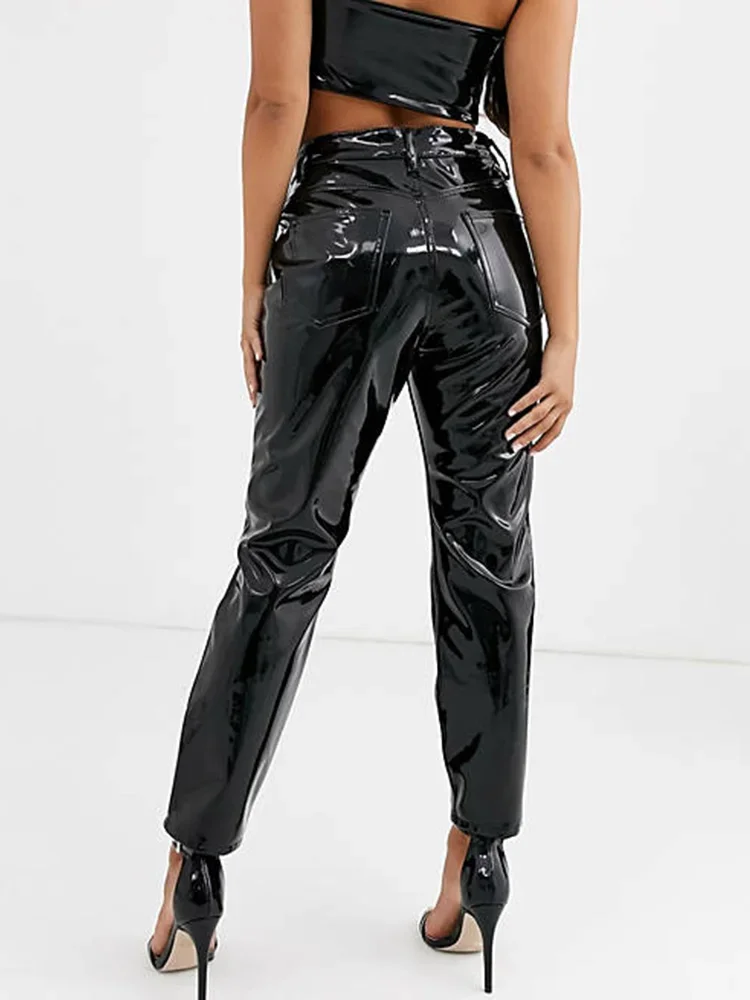 

Women High Waist Faxu Latex Pencil Pants Shiny Patent Leather Buttom Zipper Bodycon Trousers Ladies Clubwear Street Pants Custom