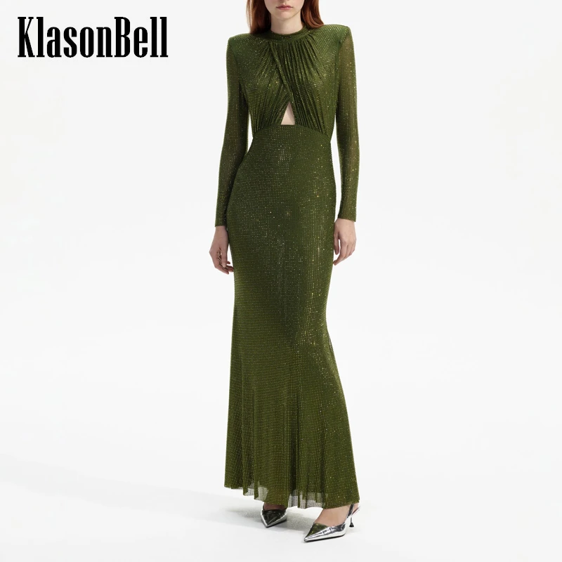 

3.5 KlasonBell Banquet Party Elegant Bling Diamonds Ruched Hollow Out Slim O-Neck Trumpet Mermaid Maxi Dress For Women