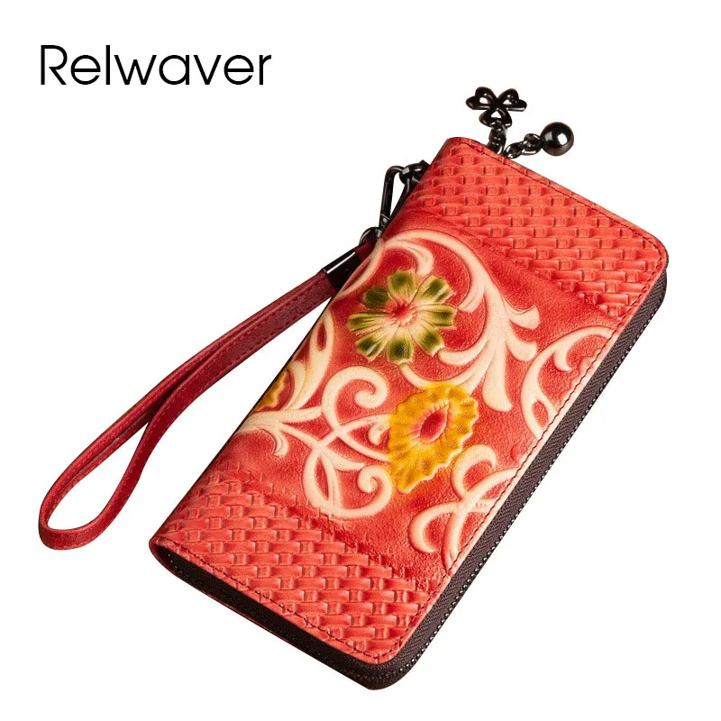 

Relwaver genuine leather floral embossing wallet 2024 summer zipper long clutch purse Chinese style party women wallet