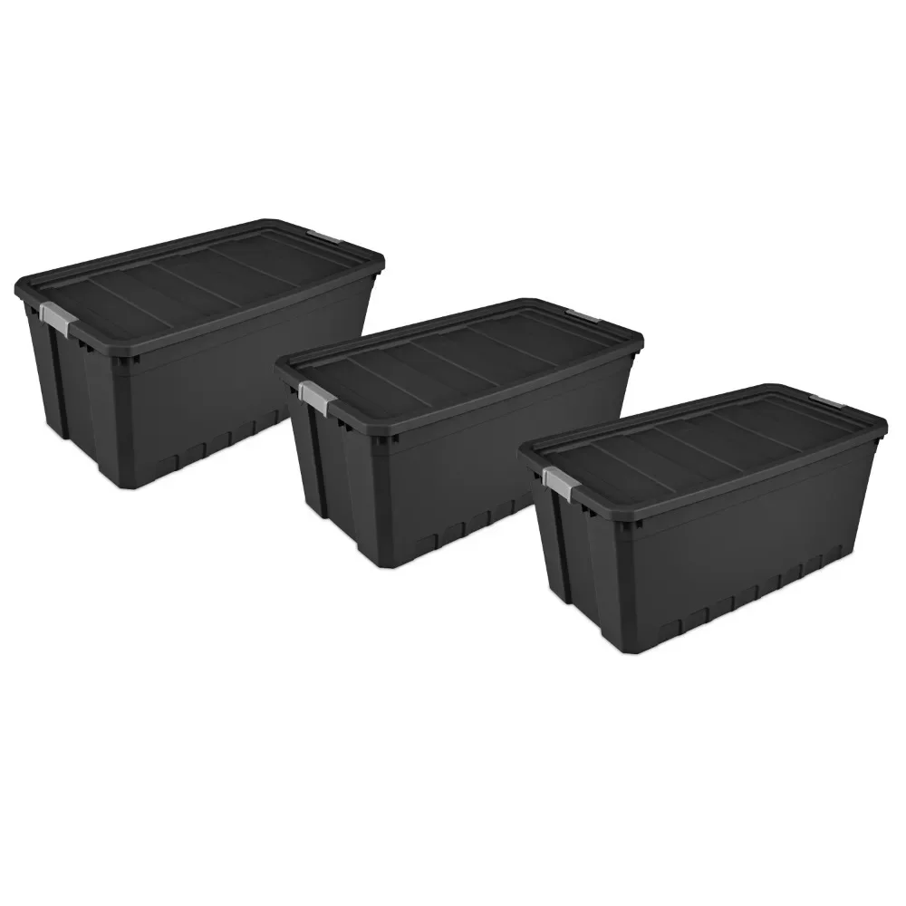 

Sterilite 50 Gallon Stacker Tote Plastic, Black, Set of 3 Storage Containers