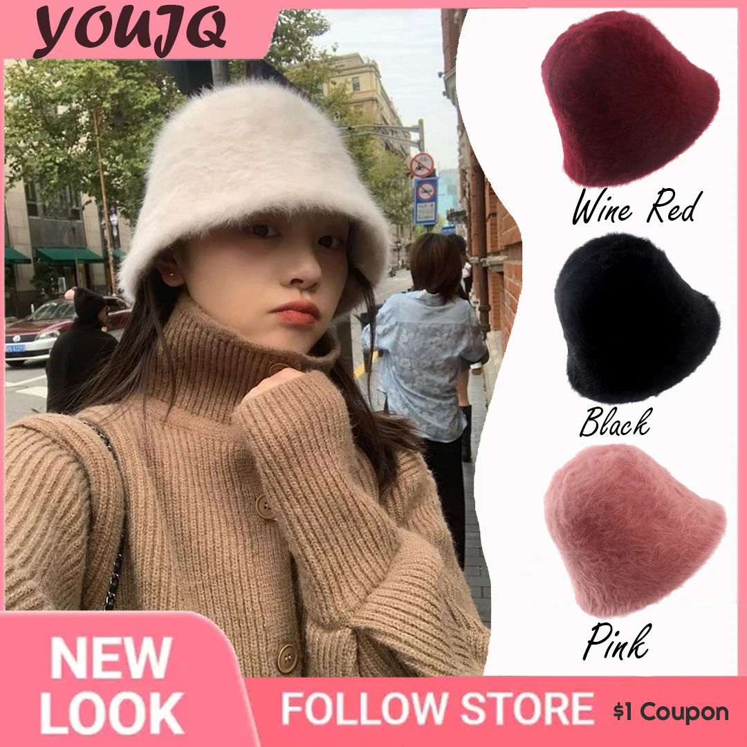 

2023 Artificial Rabbit Fur Bucket Hat Women Autumn Winter Warm Thickened Fisherman Panama Plush Basin Gorro Lady Cap