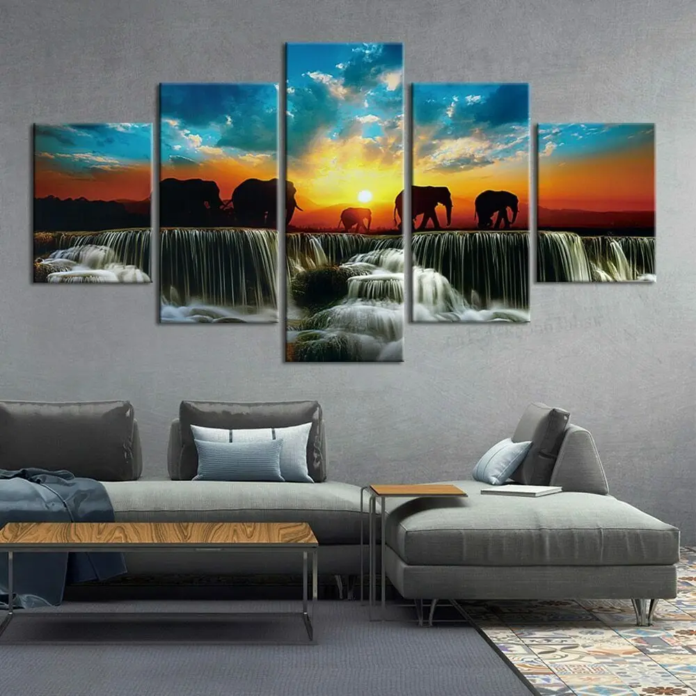 

5 Panel Elephant Waterfall Sunset Canvas Picture Wall Art HD Print Decor Poster Paintings No Framed
