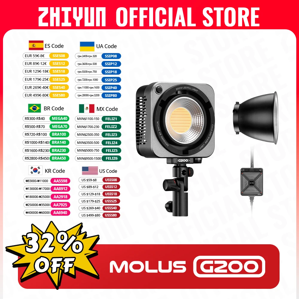 ZHIYUN Official MOLUS G200 200W COB LED Video Light Photography Lighting 2700K-6500K Bi-Color APP Control for Camera Studio
ZHIYUN Official MOLUS G200 200W COB LED Video Light Photography Lighting 2700K-6500K Bi-Color APP Control for Camera Studio