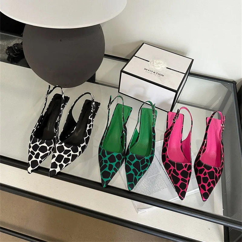 

2024 New Spring/summer Pointed Leopard Pattern Back Empty Baotou Fashionable and Elegant Korean Slim Heel Sandals