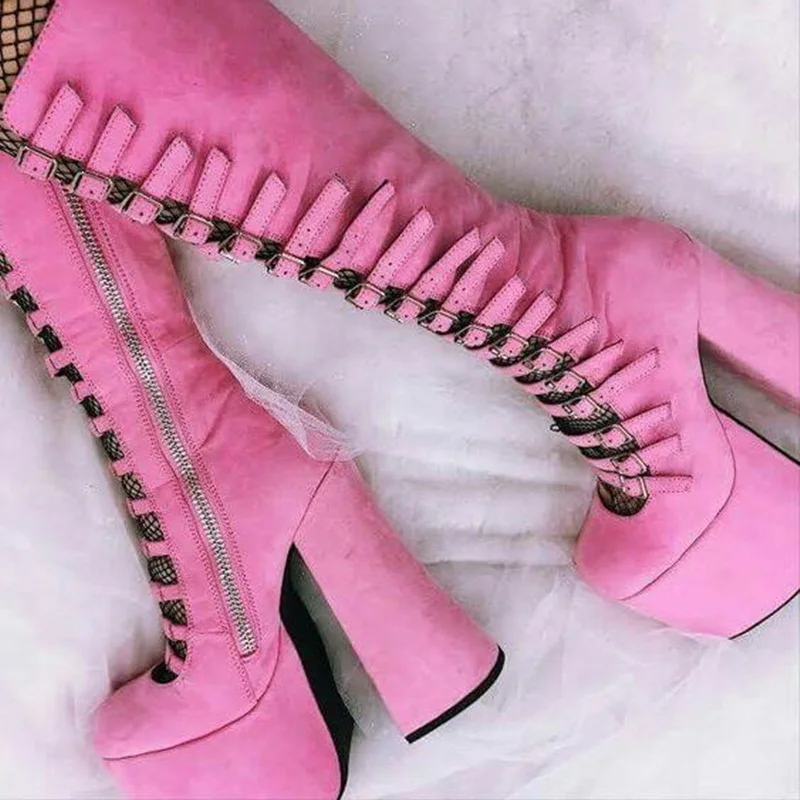 Multiple Belted Chunky Knee High Boot Pink Suede Stretch Fabric High Platform Modern Runway Shoes Hollow Women Celebrating Boots
Multiple Belted Chunky Knee High Boot Pink Suede Stretch Fabric High Platform Modern Runway Shoes Hollow Women Celebrating Boots