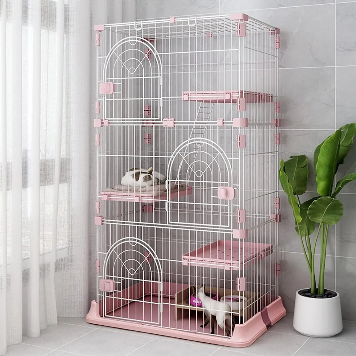 

4-Tier Wire Cat Cage Playpen Kennel, Cat Catios Large Space 30 x 20 x 52.5 Inches for 1-3 Cats, Pink Cat Crate with 3 Platforms