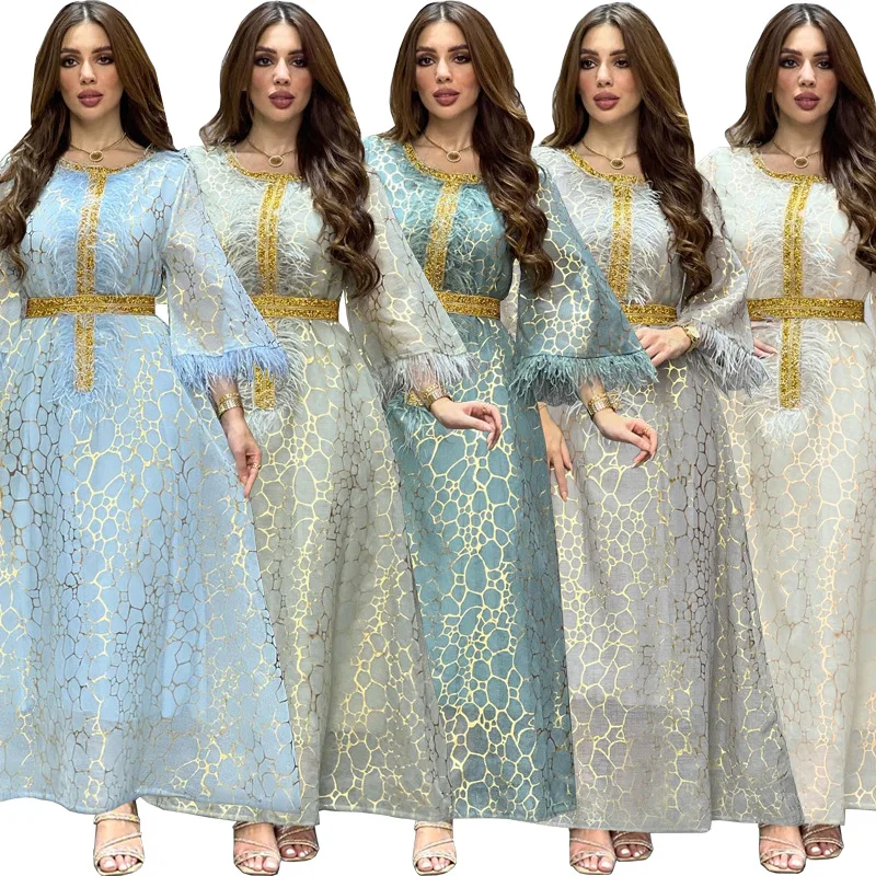 

Luxury Diamonds Feather Middle East Arabic Evening Dress Long Sleeves Dubai Gowns Muslim Robe Party Abaya Robe Abaya Autumn