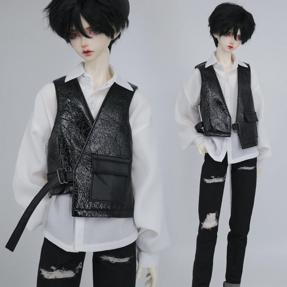 

D09-P074 children handmade toy 1/3 SD10 POPO68 uncle ID75 DD/DY doll BJD/SD doll's Black glossy asymmetric leather vest jacket