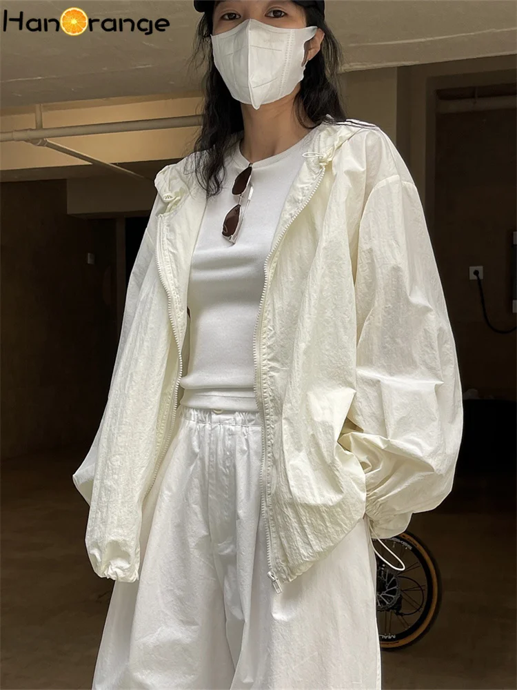 

HanOrange 2024 Summer Light Transparent Hooded Zipper Sunscreen Jacket Women Loose Silhouette Thin Long Sleeve Jacket Female'