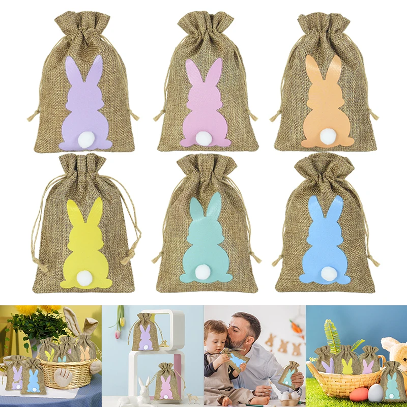 

24pcs Easter Bunny Burlap Gift Bags Rabbit Spring Easter Party Candy Cookie Drawstring Bag Kids Favors Festive Packaging Decor