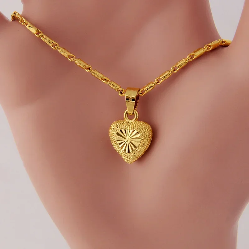 

Ожерелье из чистого 24-каратного золота, цепочка до ключиц для женщин, ожерелье с кулоном в виде любящего сердца из желтого золота, ювелирные изделия на День святого Валентина