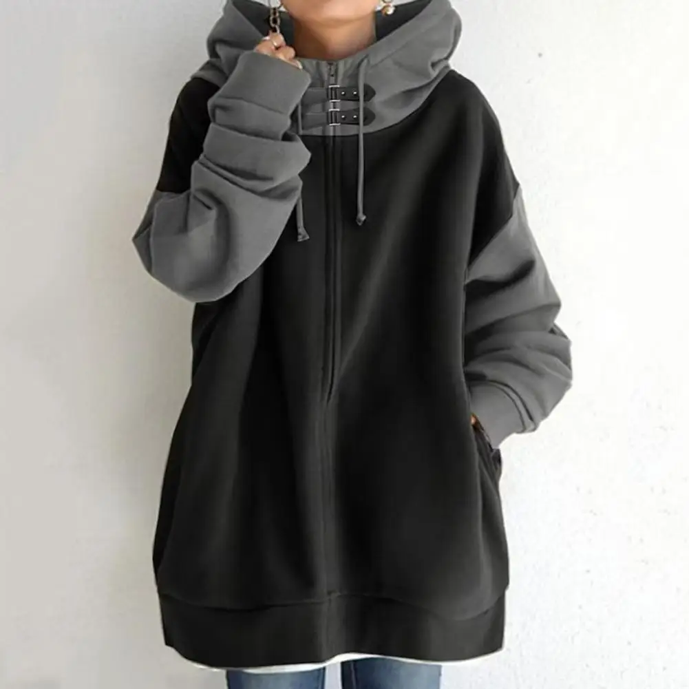 

Women Winter Auutmn Hoodie Patchwork Hidded Zipper Long Sleeve Mid Length Loose Pullover Pockets Drawstring Thick Lady Hoodie