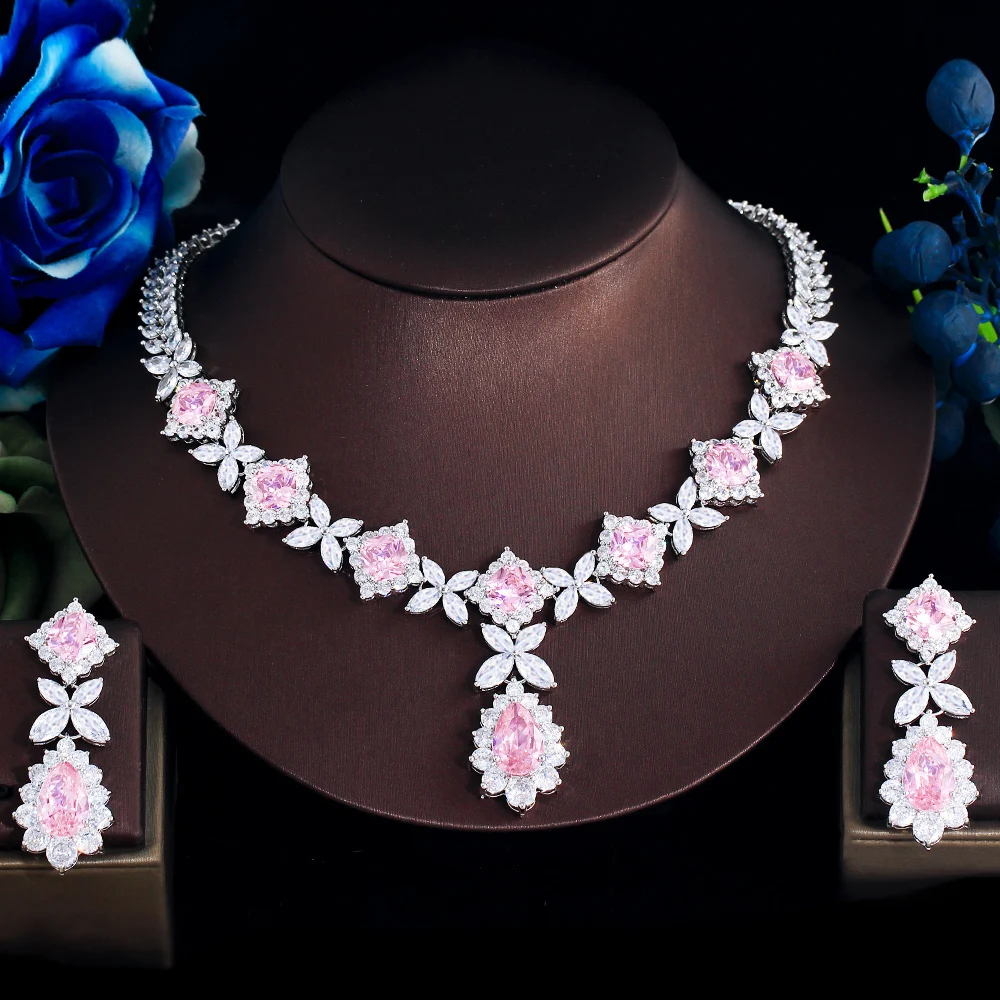 

ThreeGraces Элегантный Блестящий розовый фианит Роскошные Большие Длинные свадебные вечерние ожерелья серьги набор украшений для женщин TZ995