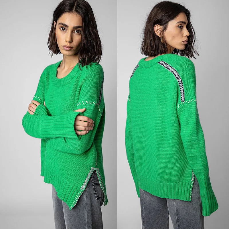 

Zadig Women Fashion Sweater Fashion Green Embroidered Cotton Knitwear Female Cashmere Crew Neck Long Sleeve Winter Knitwear Tops