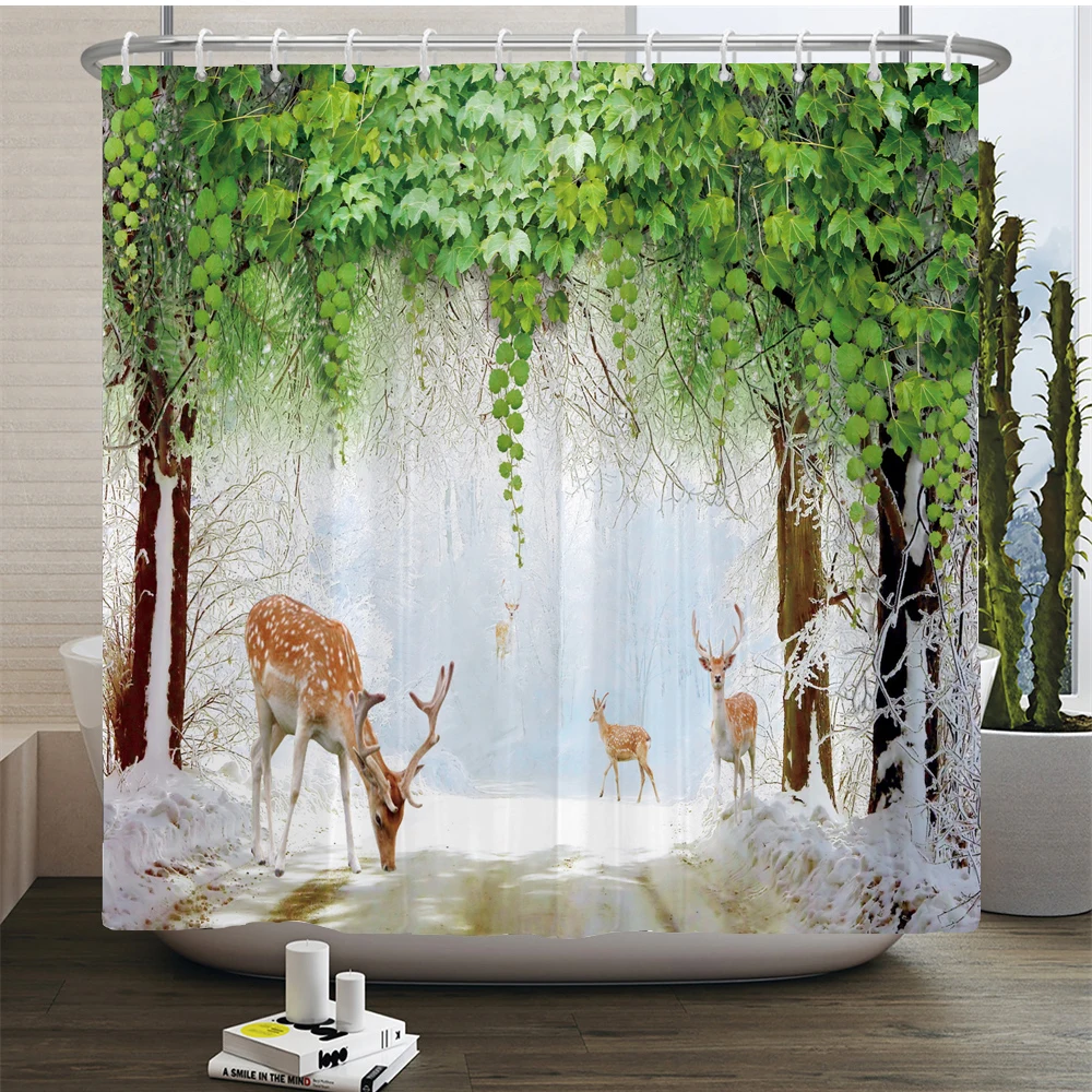 

Занавеска для душа с изображением леса оленя, деревьев, ландшафта, декоративные занавески для ванной из полиэстера, водонепроницаемая занавеска для ванной с крючками