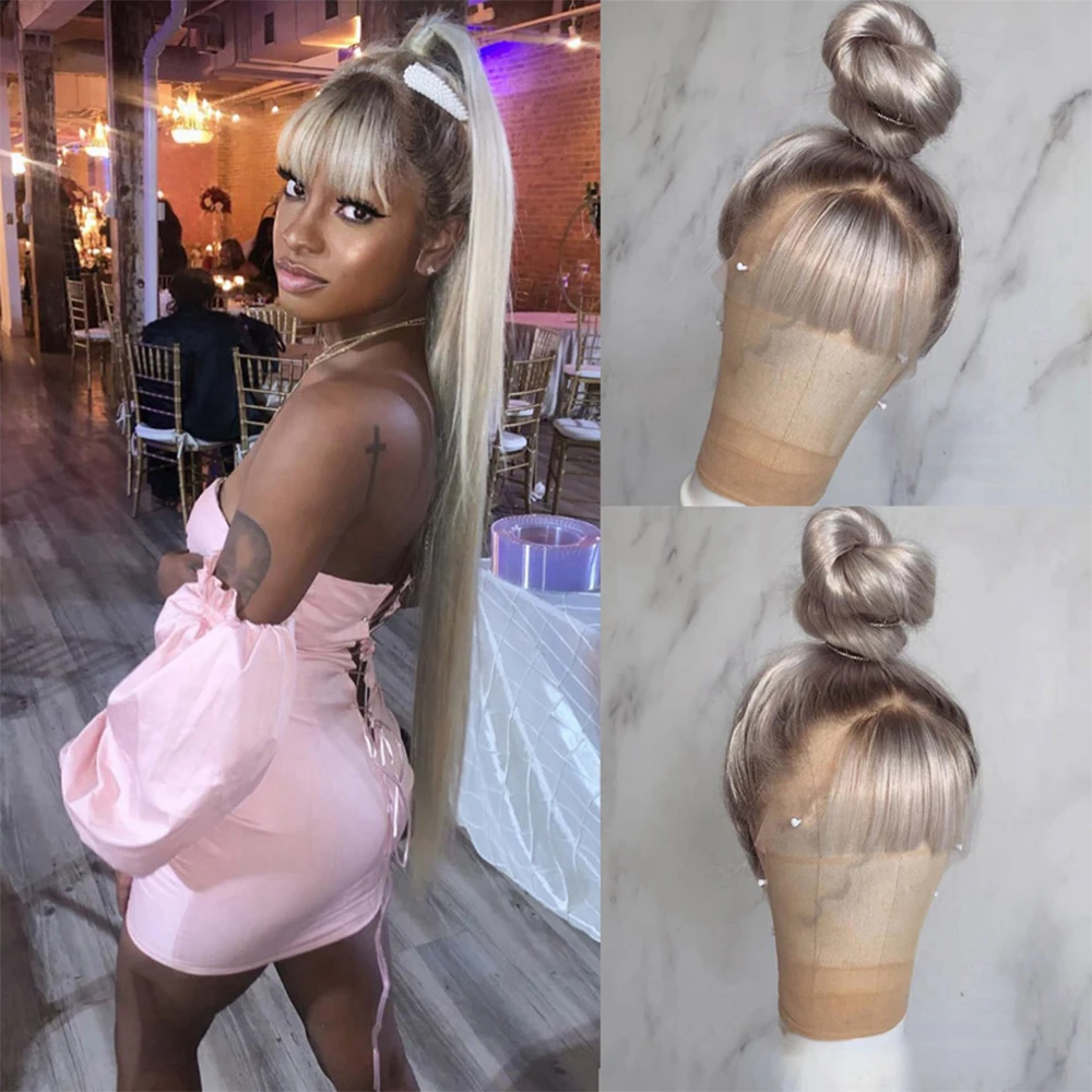

Ash Blonde Full Lace Wigs Pure Brazilian Remy Hair 13x6 Silky Straight Wigs With Bangs Glueless Lace Front Wig Ashy Roots 180%